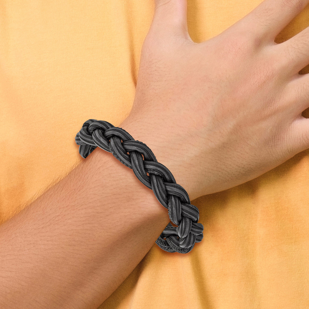 Stainless Steel Brushed Black and Grey Braided Leather Bracelet