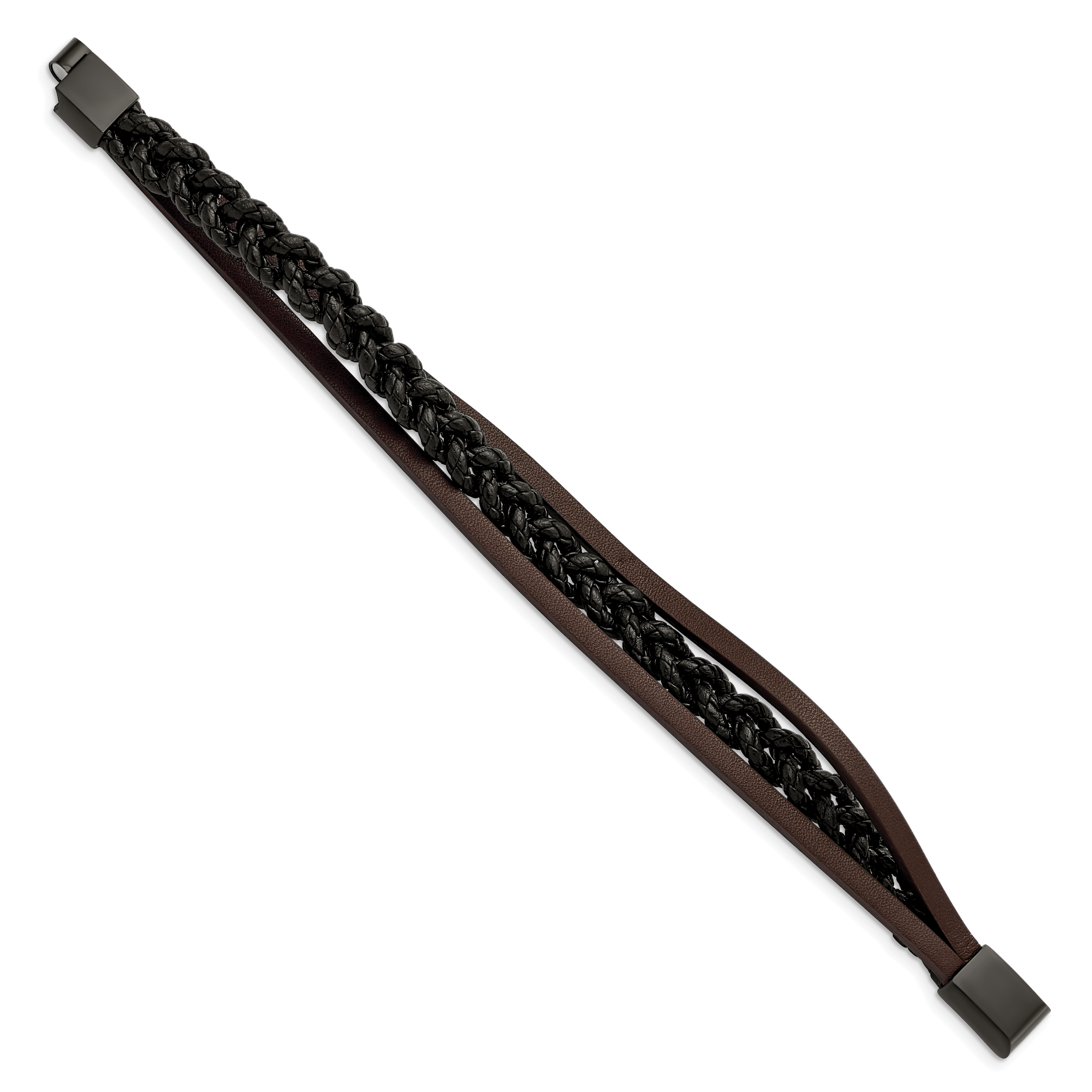 Stainless Steel Brushed Black IP-plated Multi Strand Black and Brown Leather Bracelet