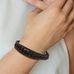 Stainless Steel Brushed Black IP-plated Multi Strand Black and Brown Leather Bracelet