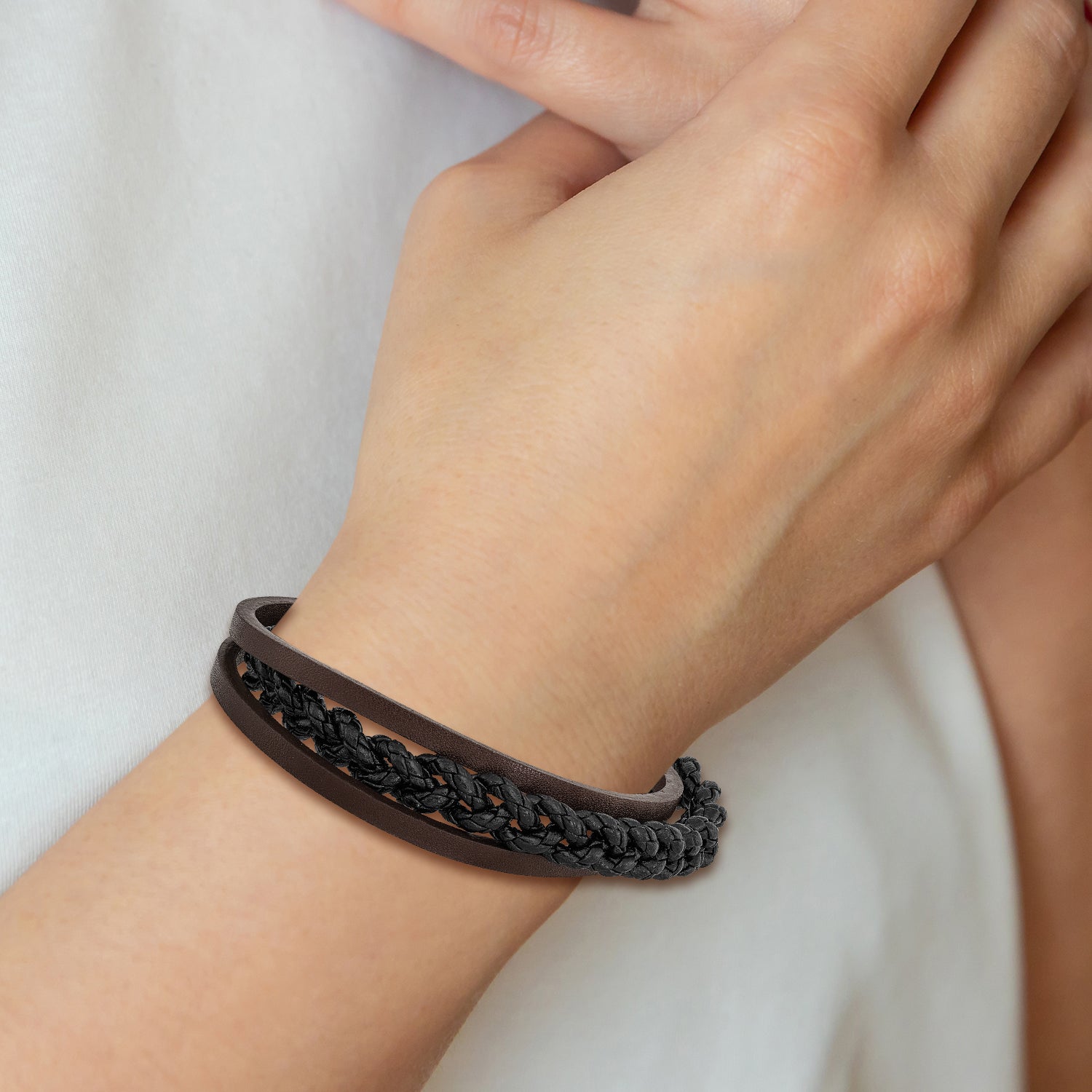 Stainless Steel Brushed Black IP-plated Multi Strand Black and Brown Leather Bracelet