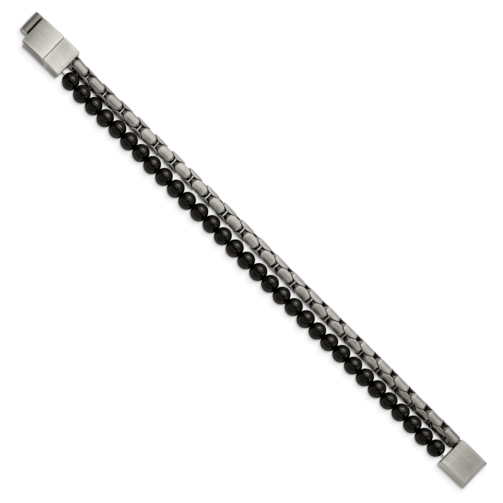 Stainless Steel Brushed Antique Bronze-plated Agate Beaded Bracelet with . Extension for Men
