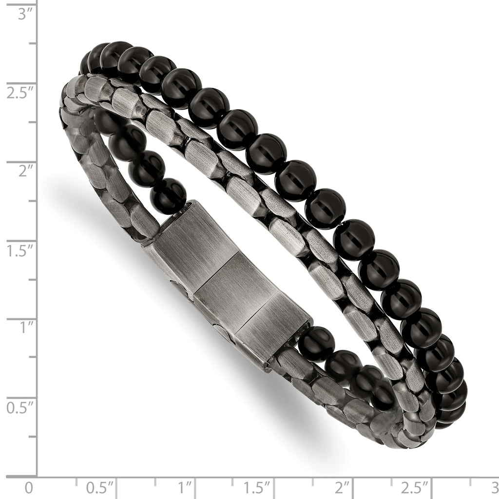 Stainless Steel Brushed Antique Bronze-plated Agate Beaded Bracelet with . Extension for Men