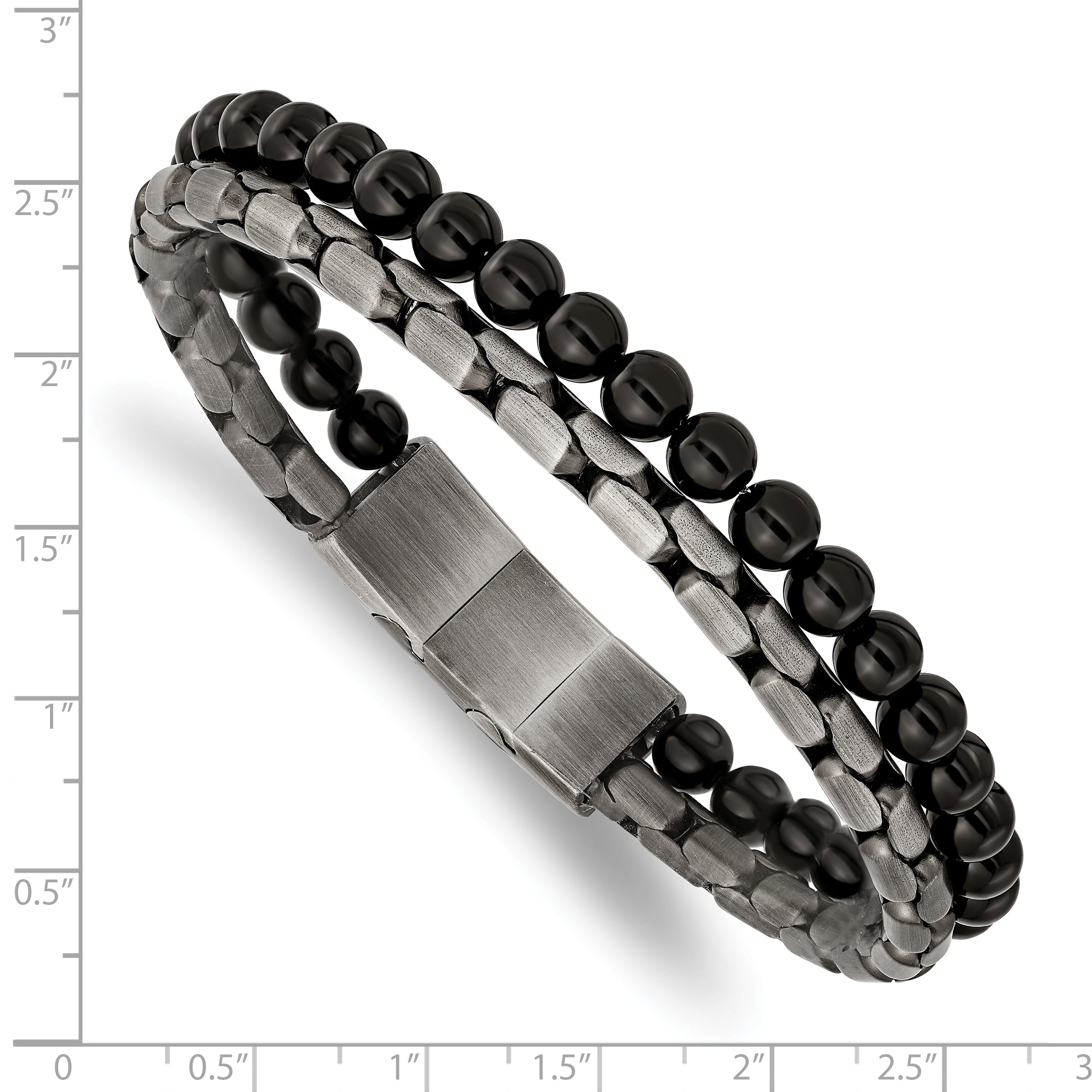 Stainless Steel Brushed Antique Bronze-plated Agate Beaded Bracelet with . Extension for Men