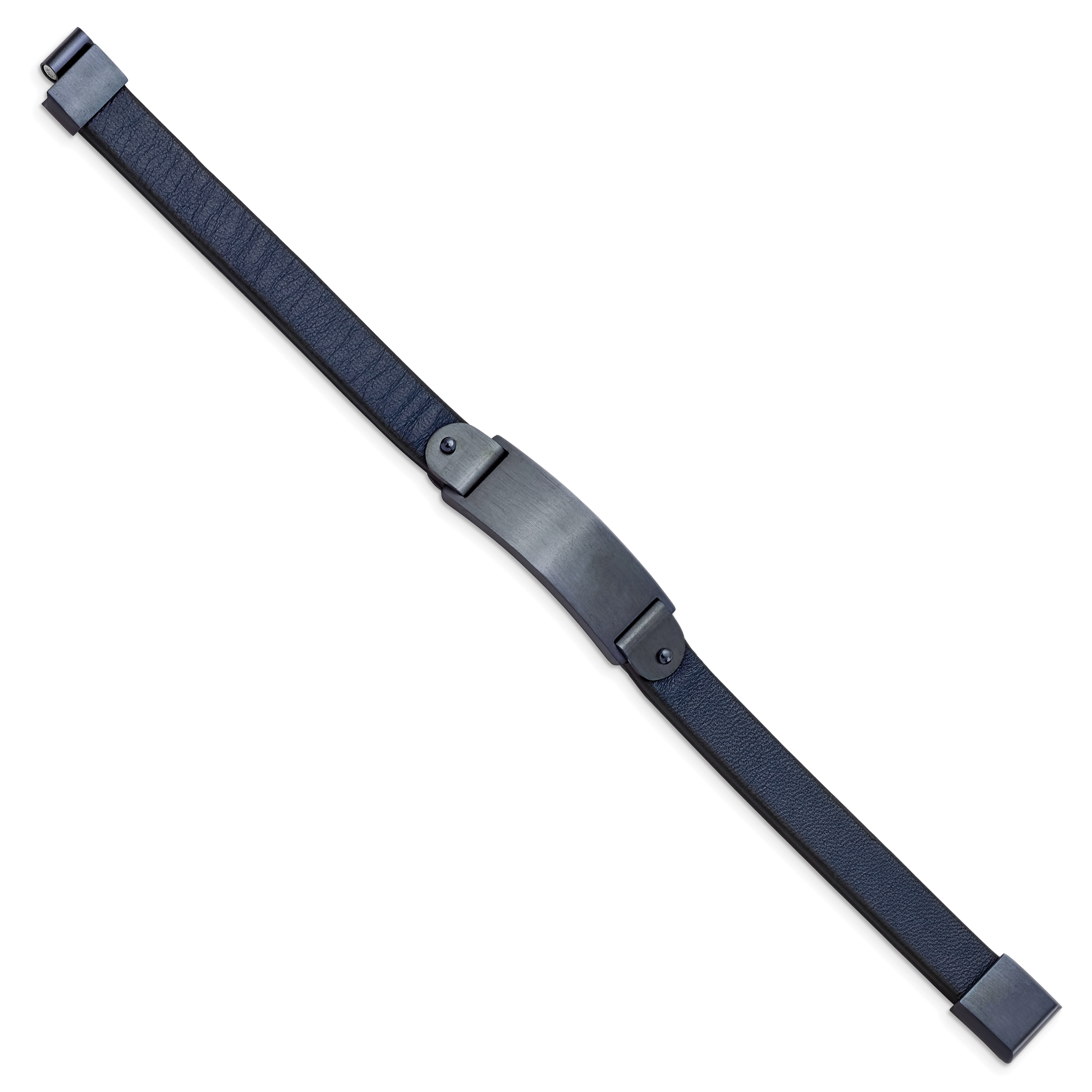 Stainless Steel Brushed Dark Grey IP-plated Blue Leather ID Bracelet for Men