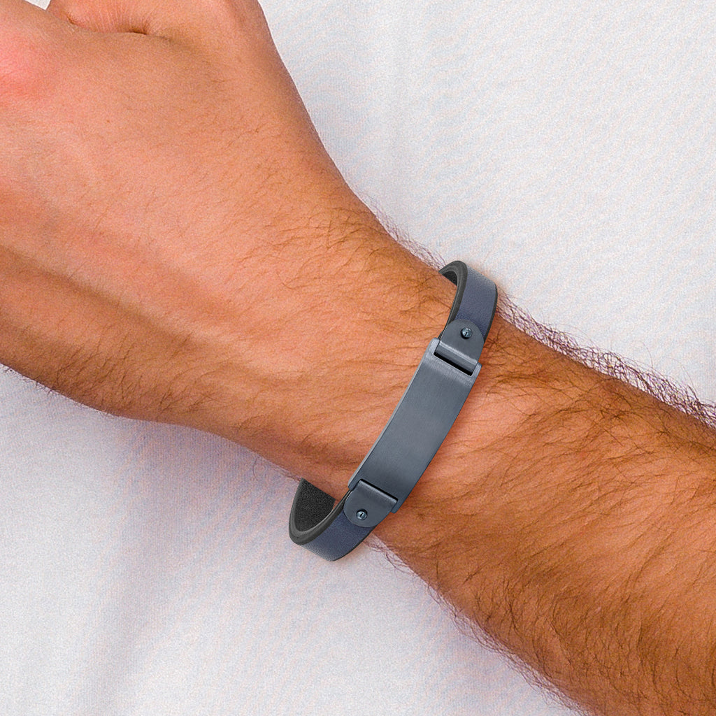 Stainless Steel Brushed Dark Grey IP-plated Blue Leather ID Bracelet for Men