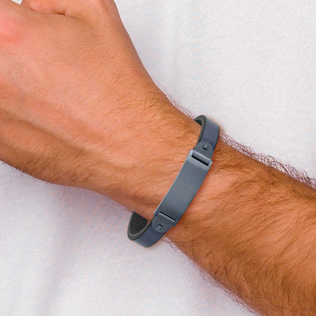Stainless Steel Brushed Dark Grey IP-plated Blue Leather ID Bracelet for Men