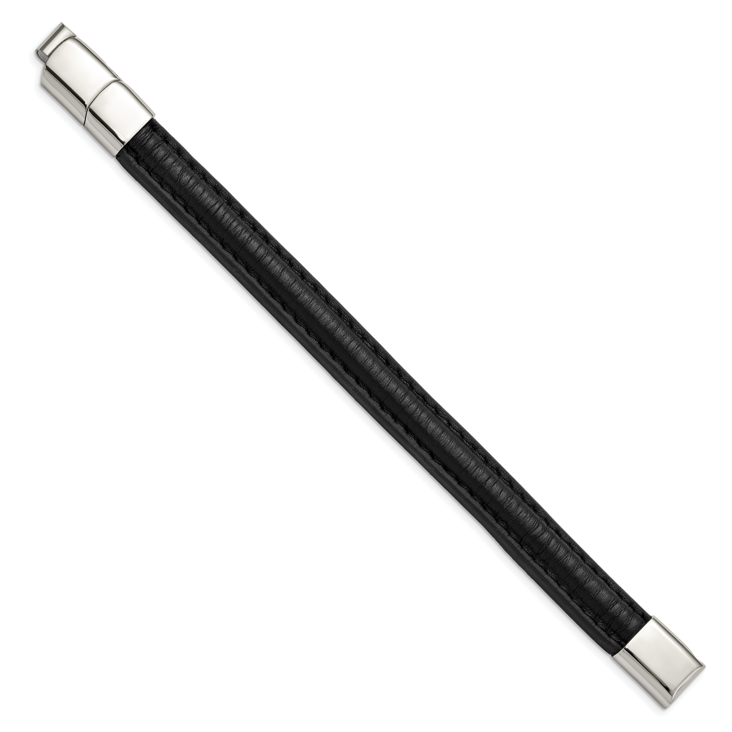Stainless Steel Polished Black Leather with . ext Bracelet