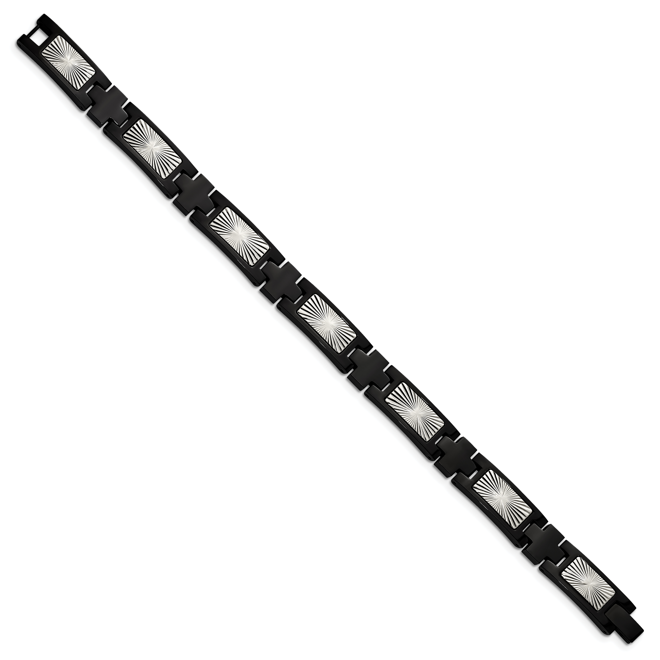 Stainless Steel Polished and Textured Starburst Design Black IP-plated Link Bracelet for Men Secondary image