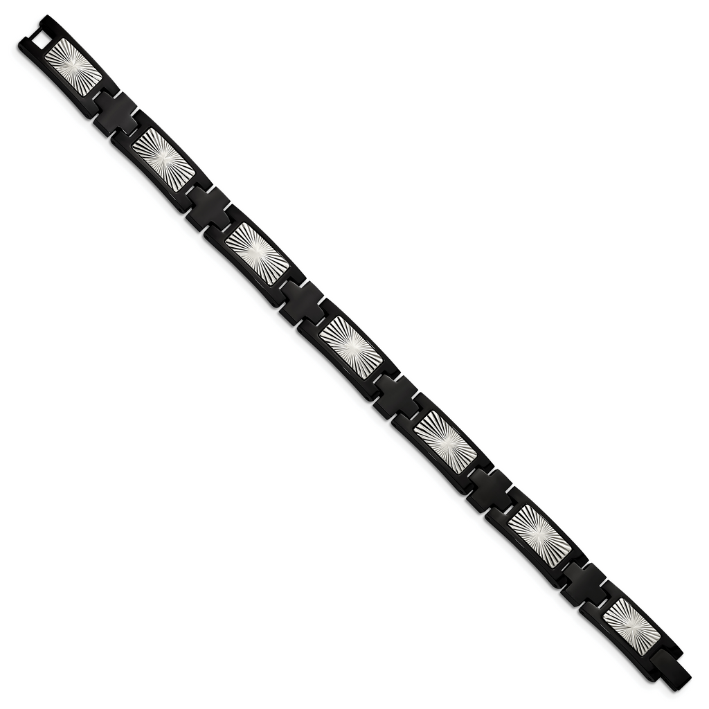 Stainless Steel Polished and Textured Starburst Design Black IP-plated Link Bracelet for Men