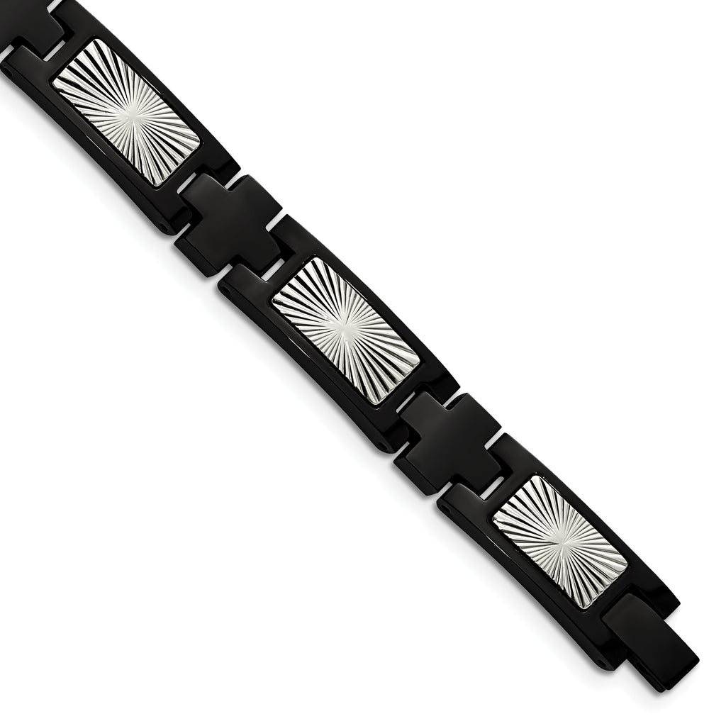 Stainless Steel Polished and Textured Starburst Design Black IP-plated Link Bracelet for Men