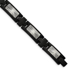 Stainless Steel Polished and Textured Starburst Design Black IP-plated Link Bracelet for Men