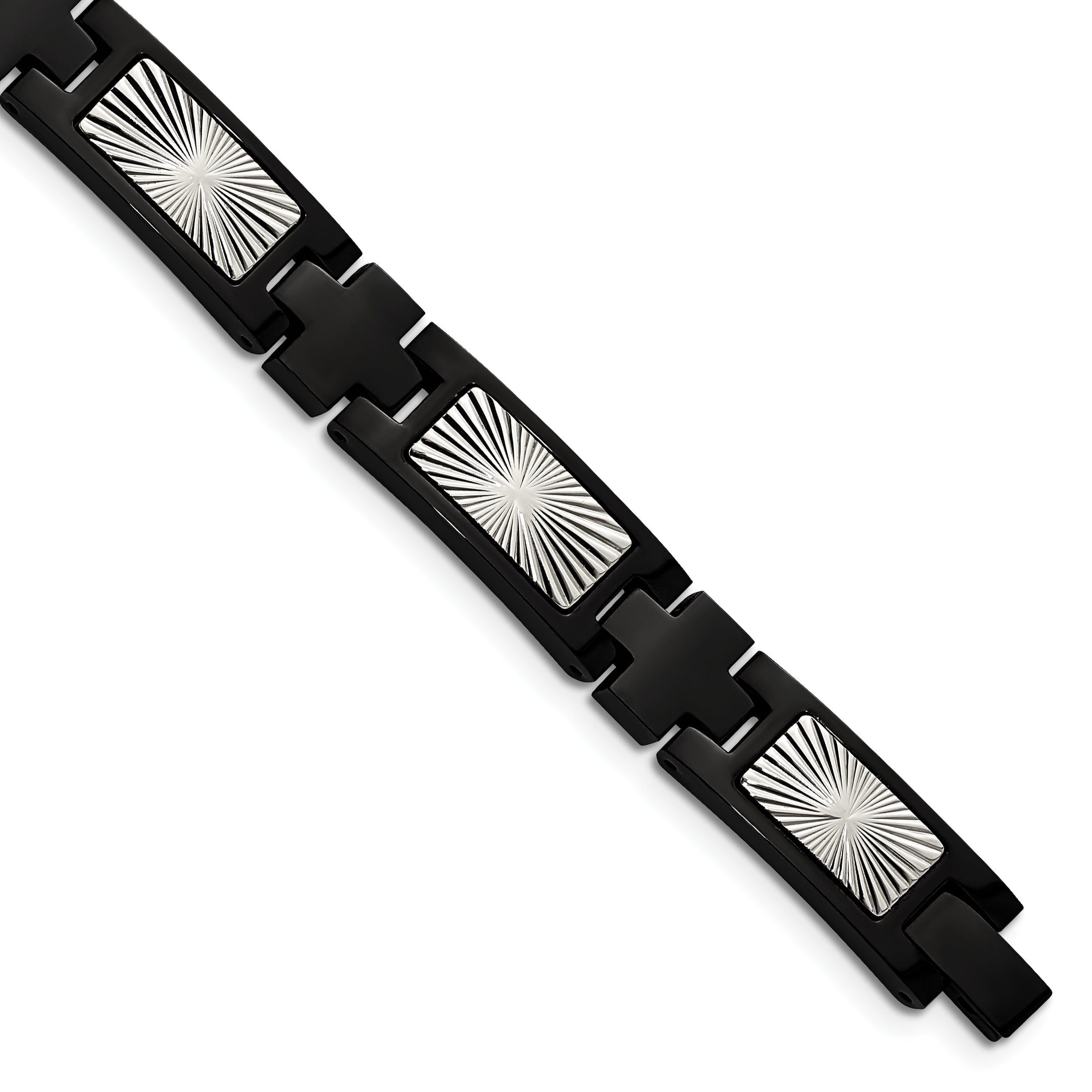 Stainless Steel Polished and Textured Starburst Design Black IP-plated Link Bracelet for Men