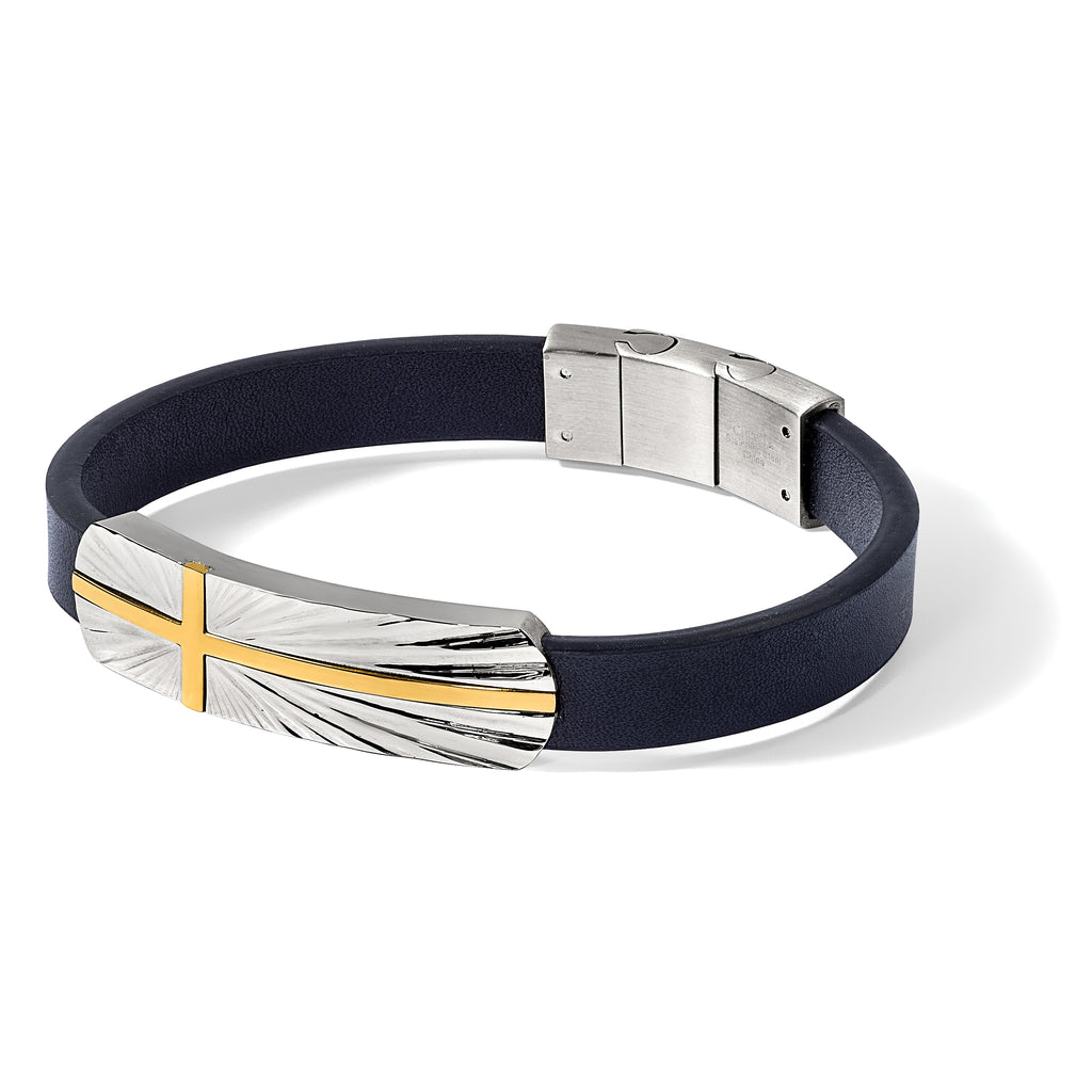 Stainless Steel Polished Yellow IP-plated Cross Black Leather Bracelet with . Extension