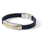 Stainless Steel Polished Yellow IP-plated Cross Black Leather Bracelet with . Extension