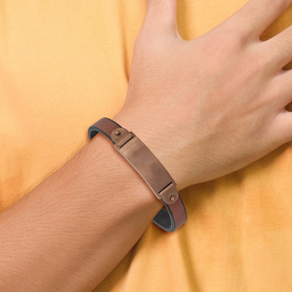 Stainless Steel Brushed Brown IP-plated Brown Leather ID Bracelet for Men