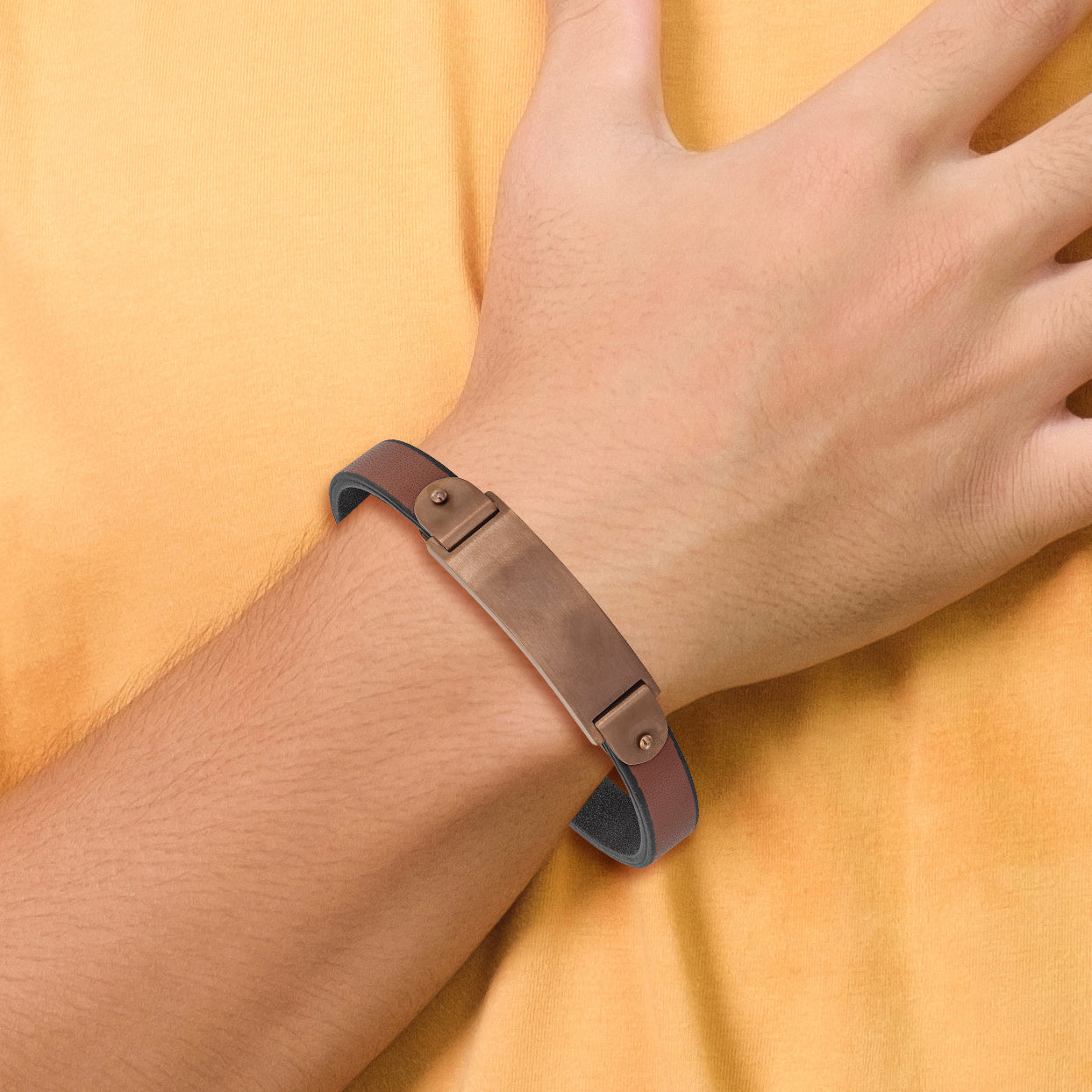 Stainless Steel Brushed Brown IP-plated Brown Leather ID Bracelet for Men