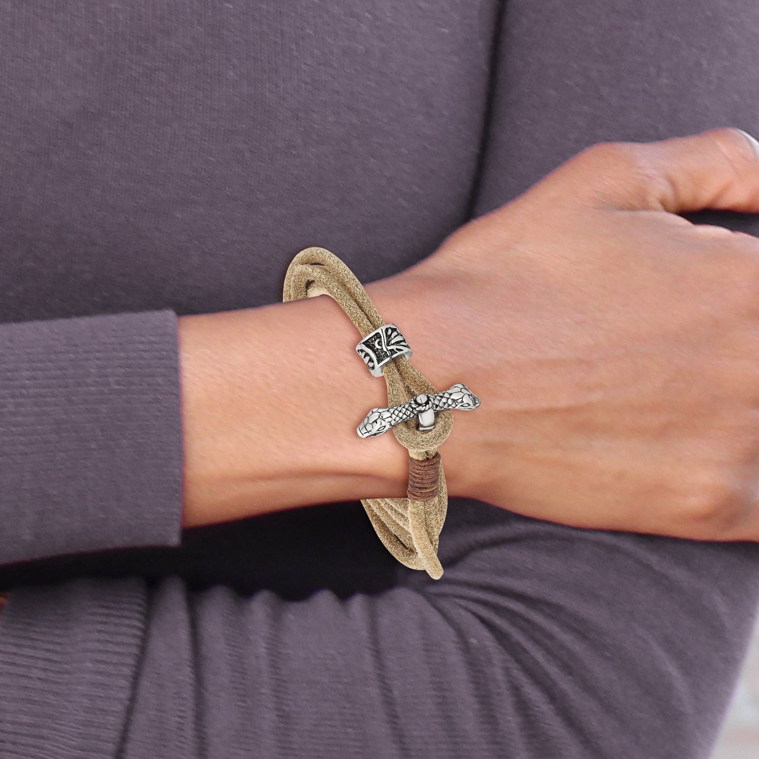Stainless Steel Antiqued and Polished Snake Heads Tan Leather Wrap Bracelet