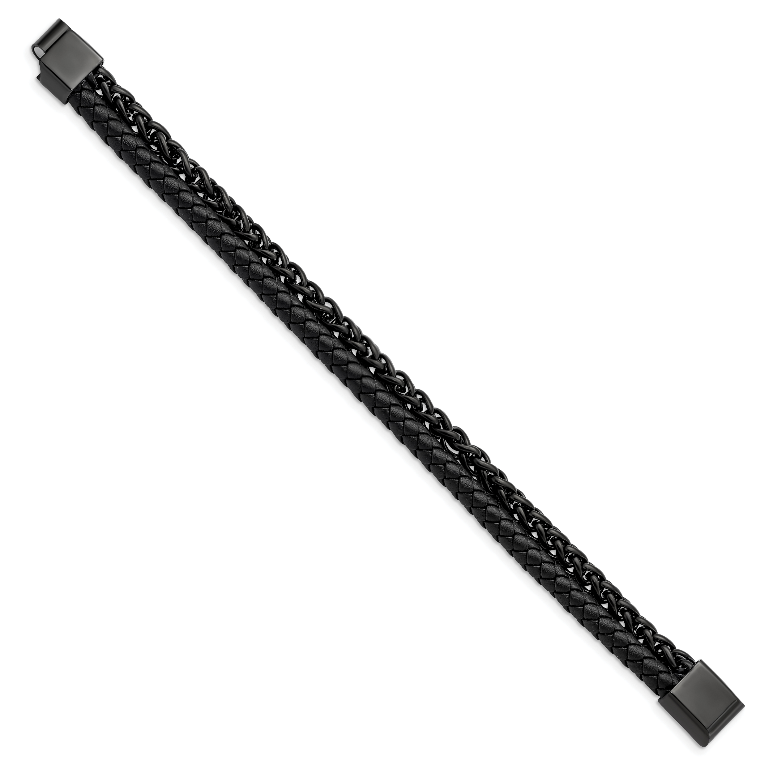 Stainless Steel Polished Black IP-plated Chain and Black Leather Bracelet for Men