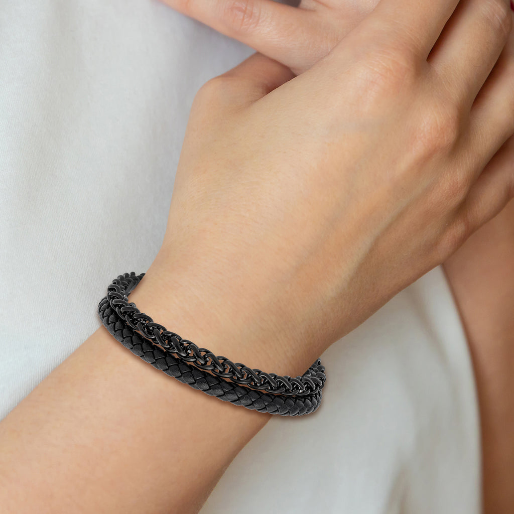 Stainless Steel Polished Black IP-plated Chain and Black Leather Bracelet for Men