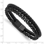 Stainless Steel Polished Black IP-plated Chain and Black Leather Bracelet for Men