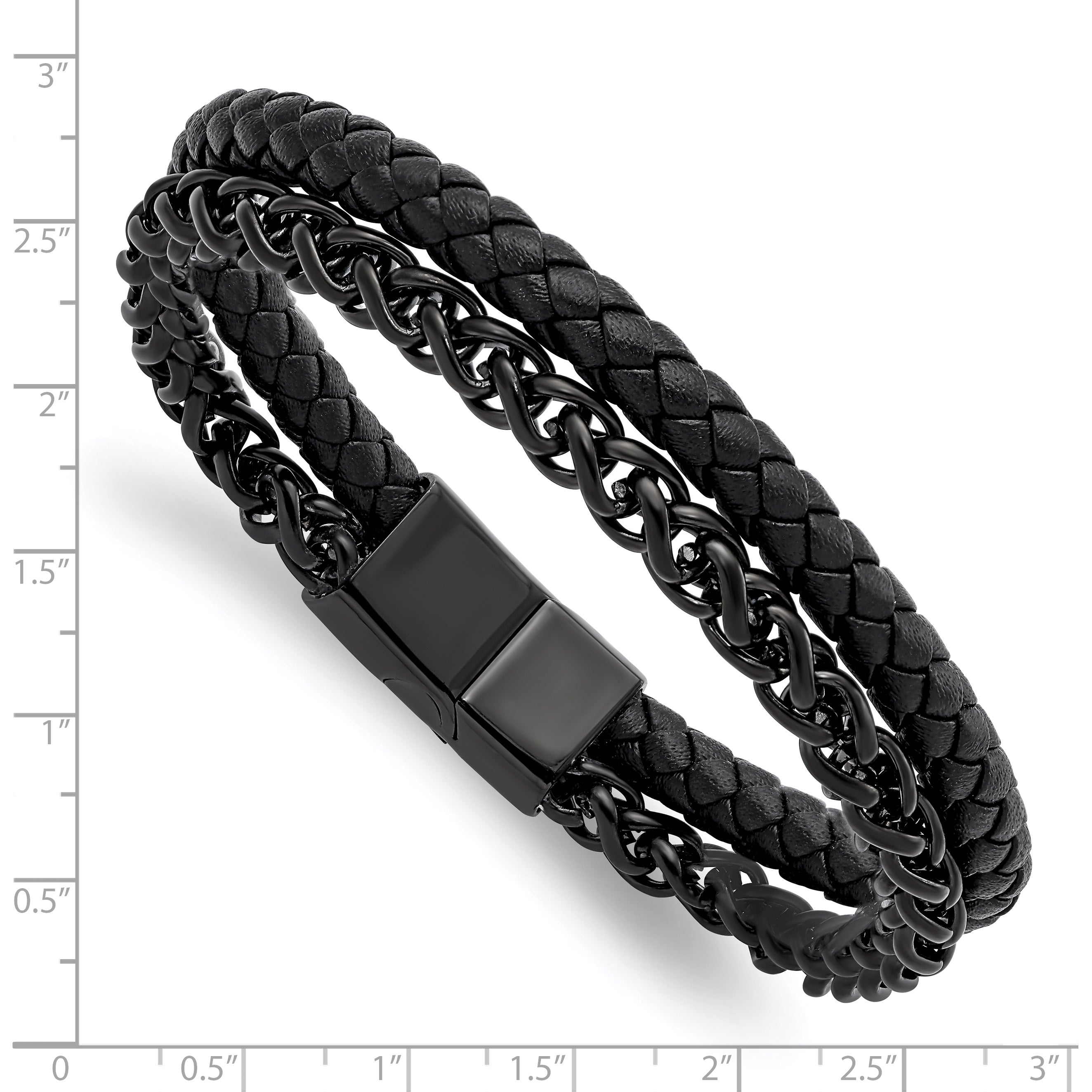 Stainless Steel Polished Black IP-plated Chain and Black Leather Bracelet for Men