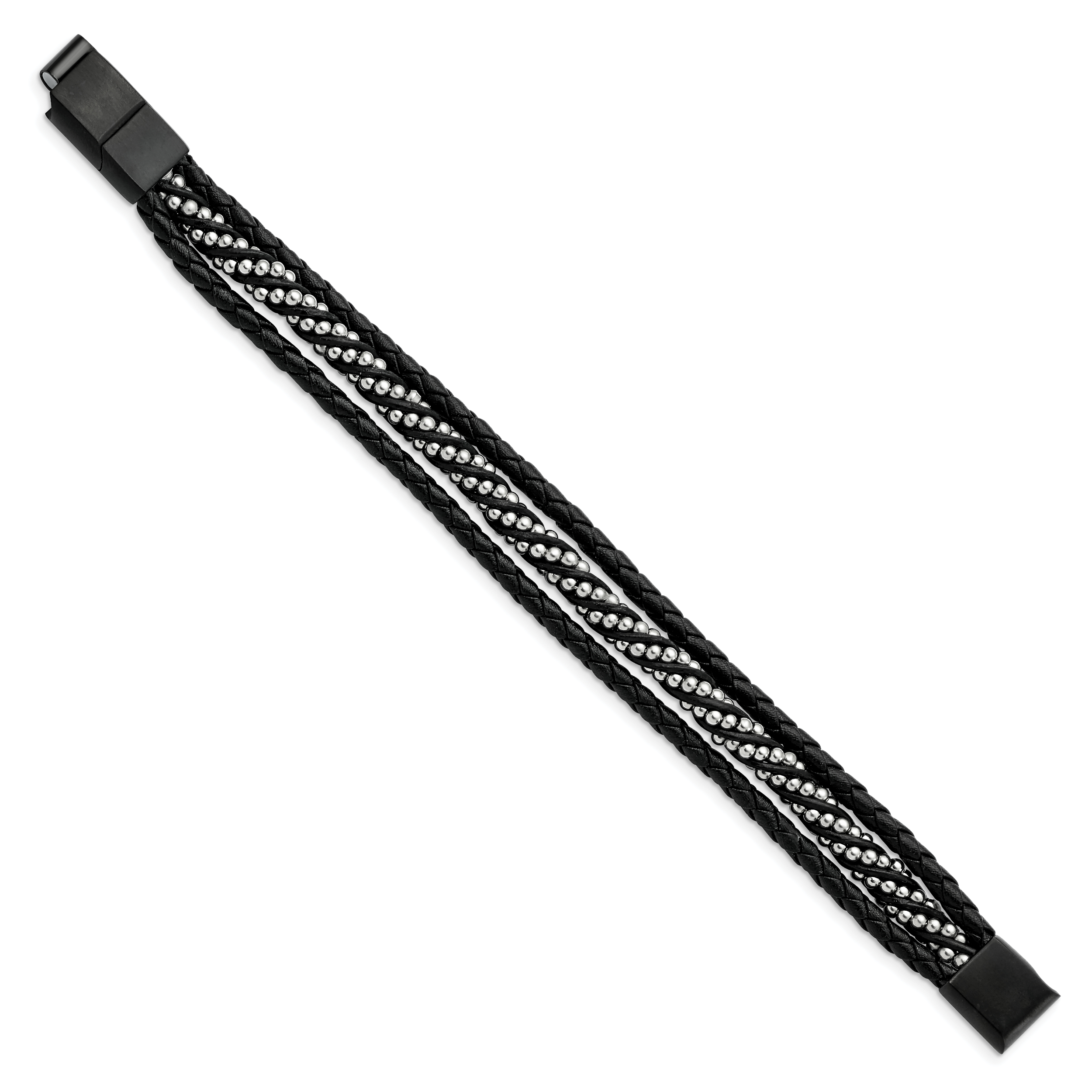 Stainless Steel Brushed & Polished Black IP Leather with . ext Bracelet