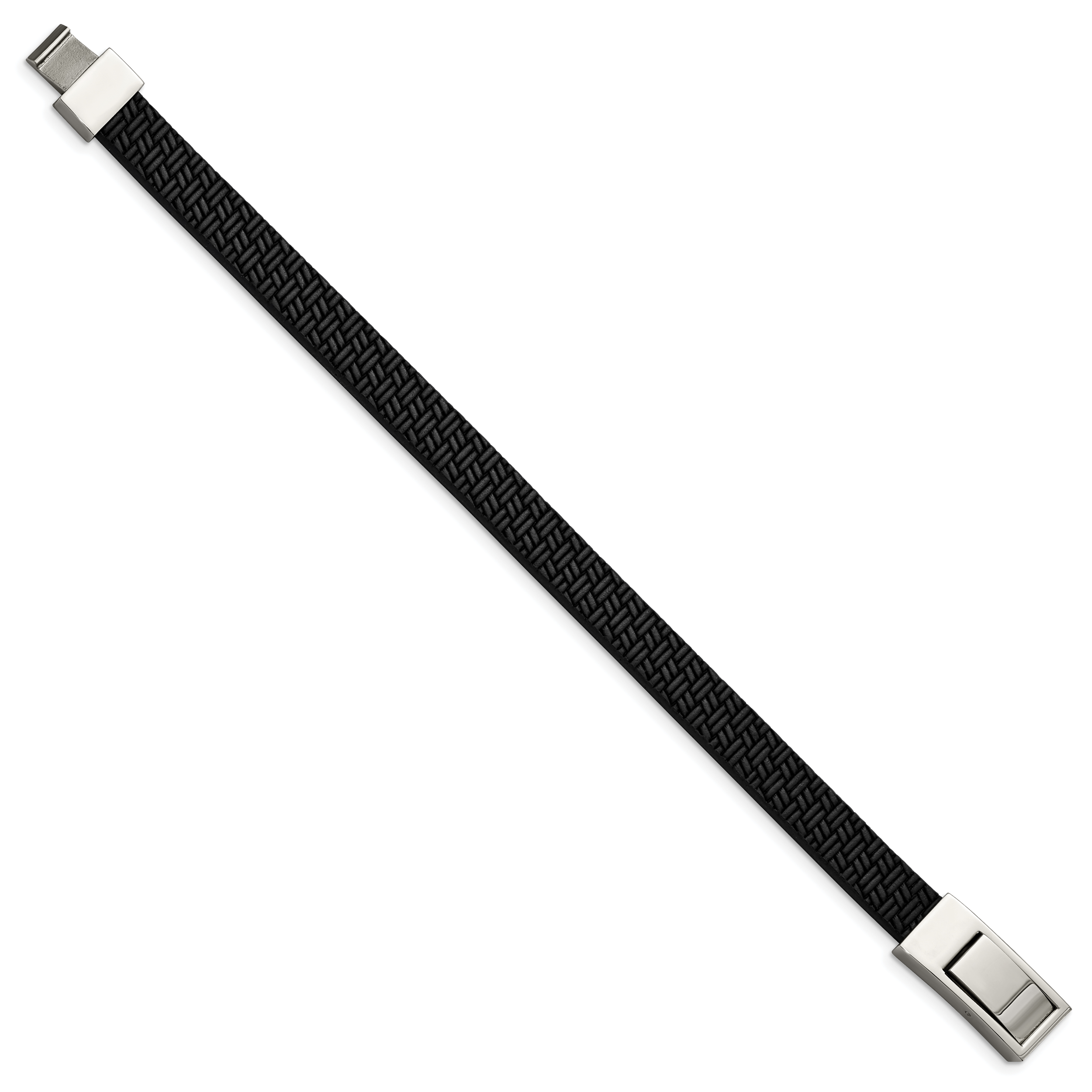 Stainless Steel Polished Textured Black Leather Bracelet for Men