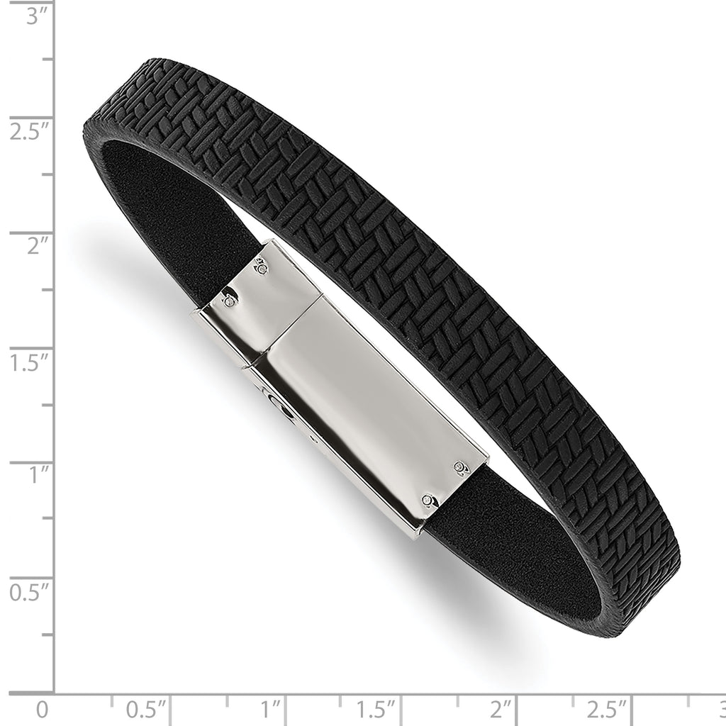 Stainless Steel Polished Textured Black Leather Bracelet for Men
