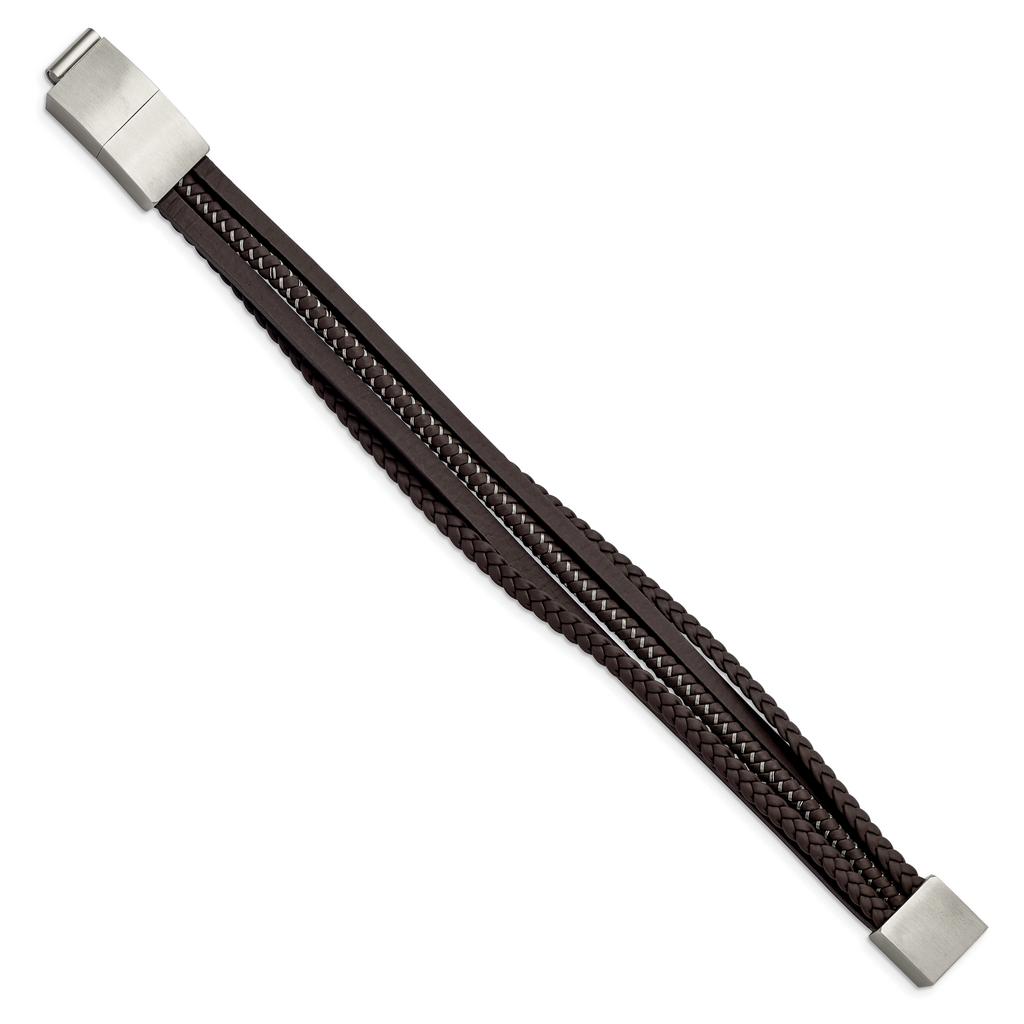 Stainless Steel Brushed Multi Strand Brown Braided Leather and Wire Bracelet with . Extension