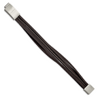Stainless Steel Brushed Multi Strand Brown Braided Leather and Wire Bracelet with . Extension