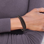 Stainless Steel Brushed Multi Strand Brown Braided Leather and Wire Bracelet with . Extension