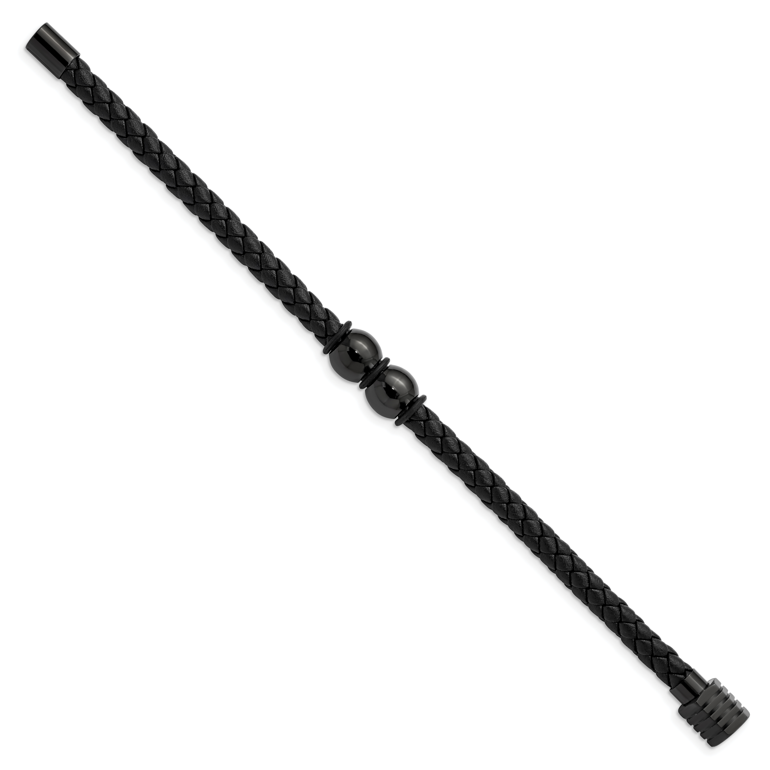 Stainless Steel Polished Black IP-plated Braided Black Leather and Rubber Bracelet