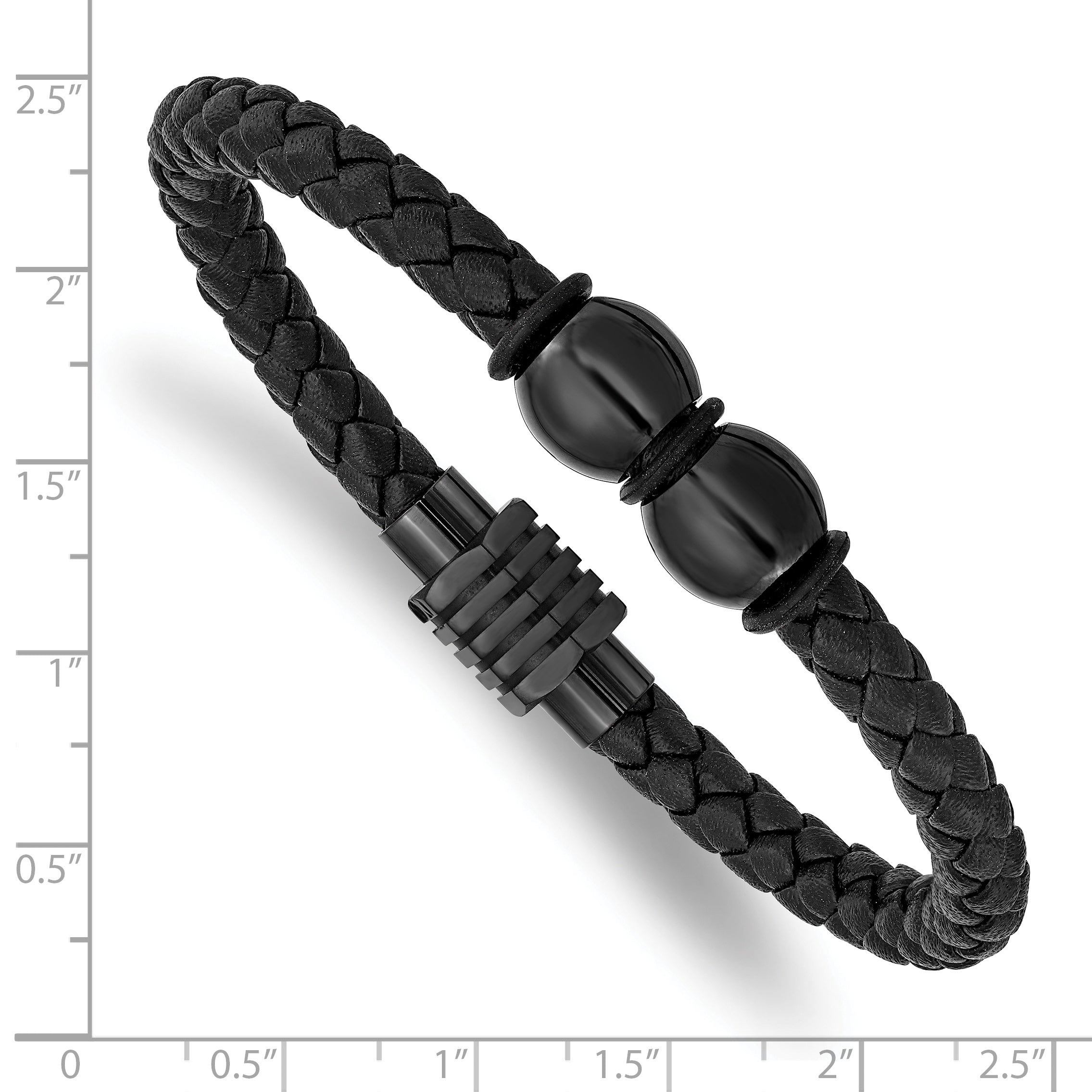Stainless Steel Polished Black IP-plated Braided Black Leather and Rubber Bracelet