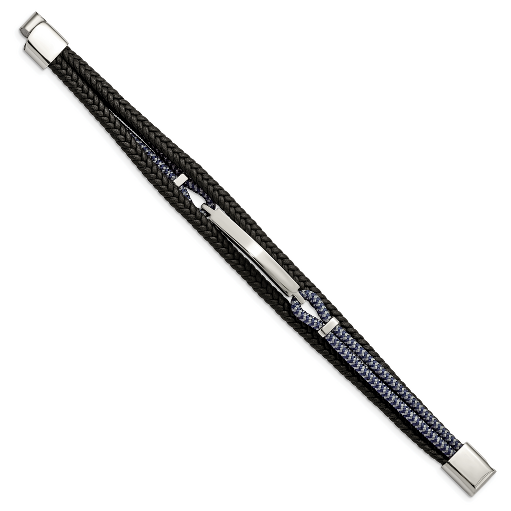 Stainless Steel Polished Multi Strand Black Leather and Black and Grey Cotton ID Bracelet