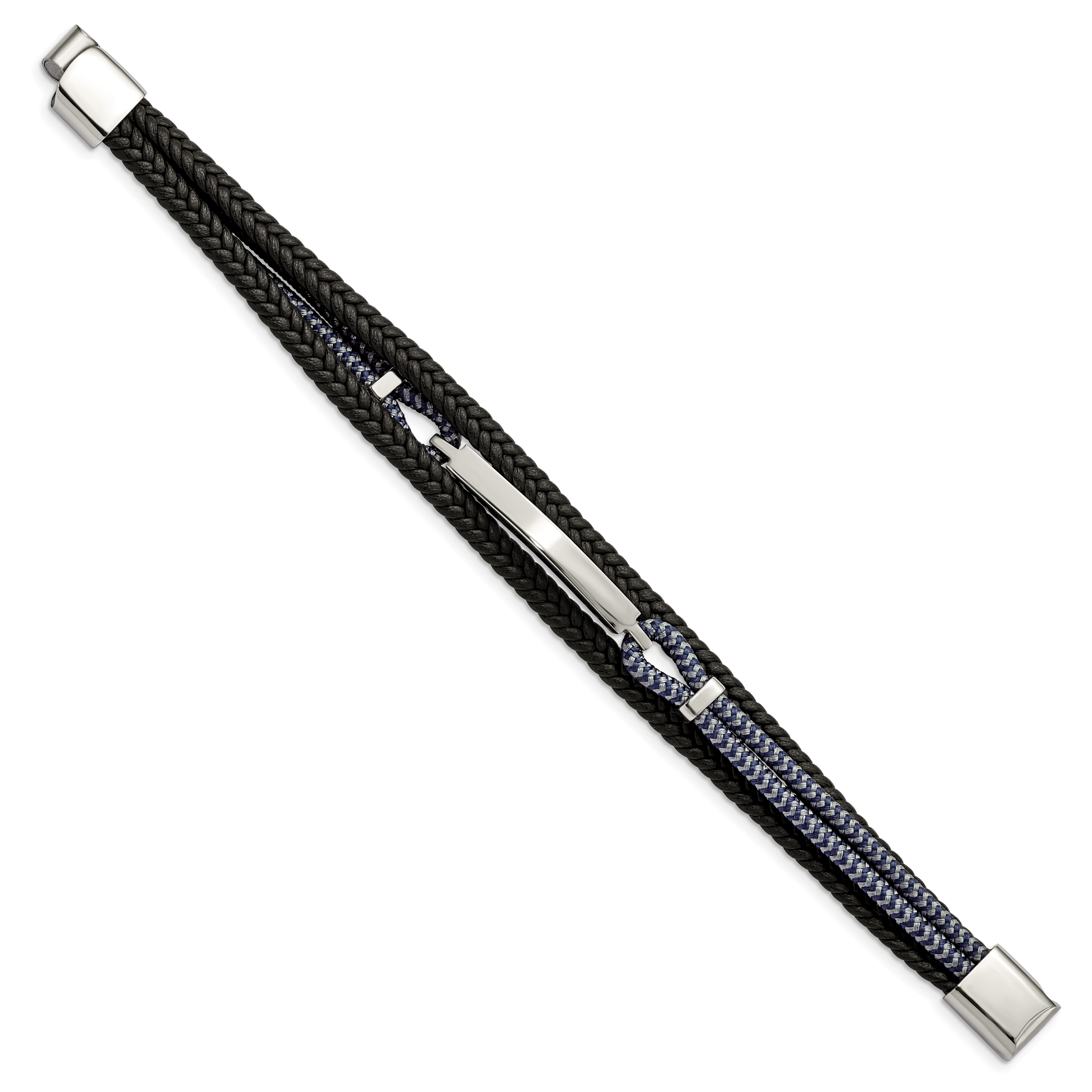 Stainless Steel Polished Multi Strand Black Leather and Black and Grey Cotton ID Bracelet