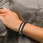 Stainless Steel Polished Multi Strand Black Leather and Black and Grey Cotton ID Bracelet