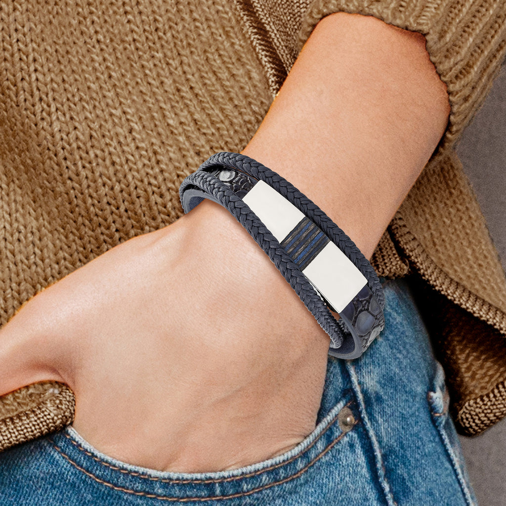 Stainless Steel Polished Blue Wood Multi Strand Blue Leather Bracelet with . Extension