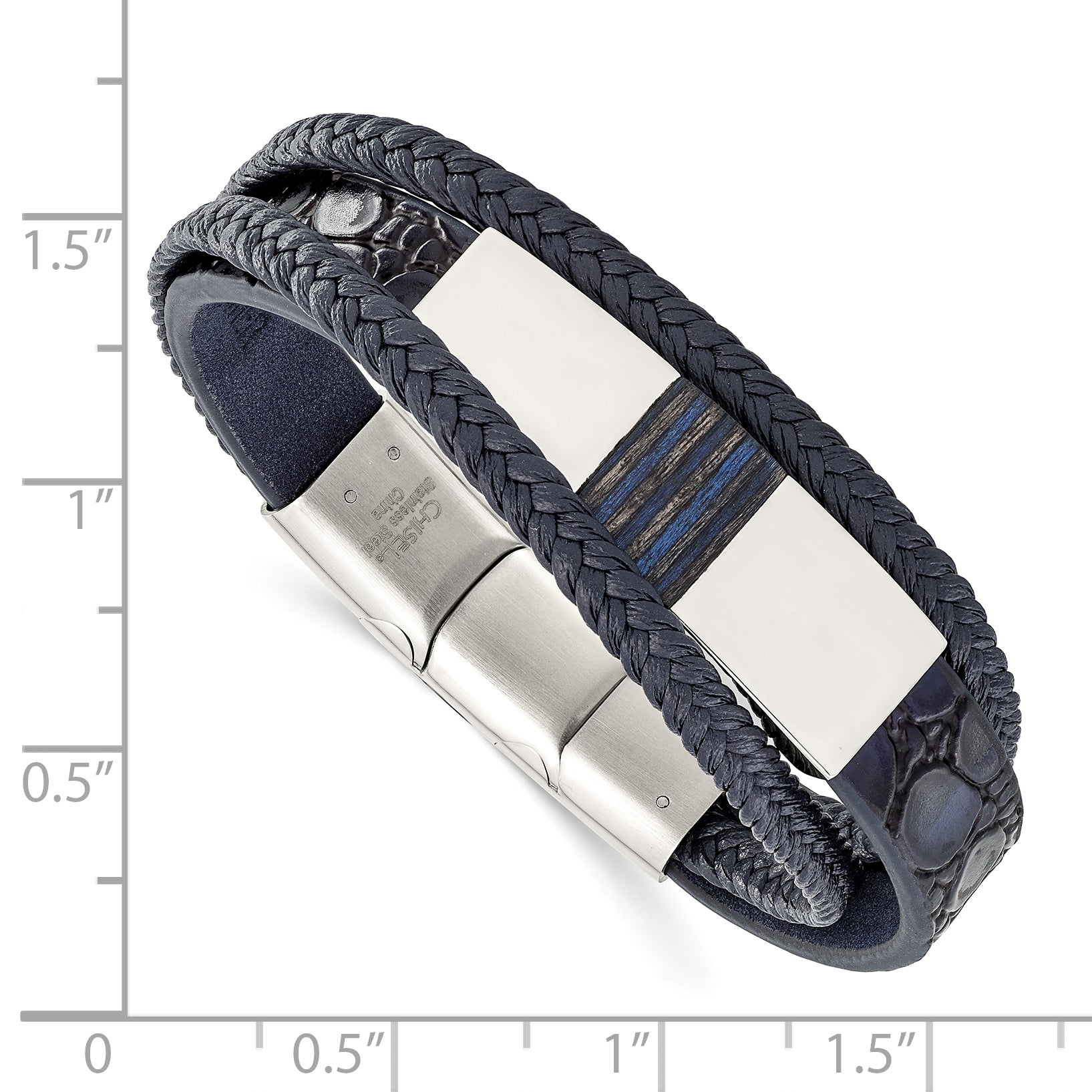 Stainless Steel Polished Blue Wood Multi Strand Blue Leather Bracelet with . Extension