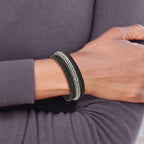 Stainless Steel Polished Multi Strand Black Leather Bracelet for Men