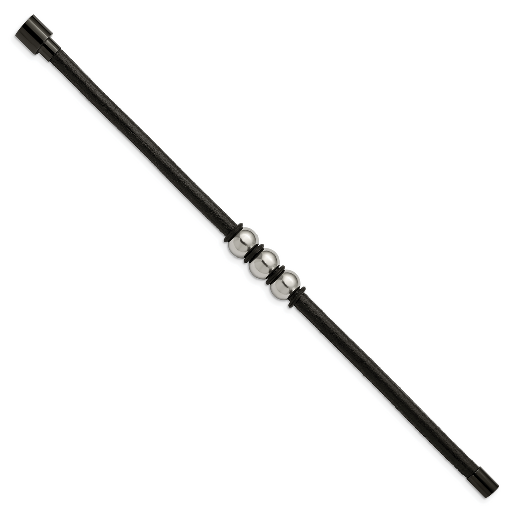 Stainless Steel Polished Black IP with Rubber Black Leather Bracelet
