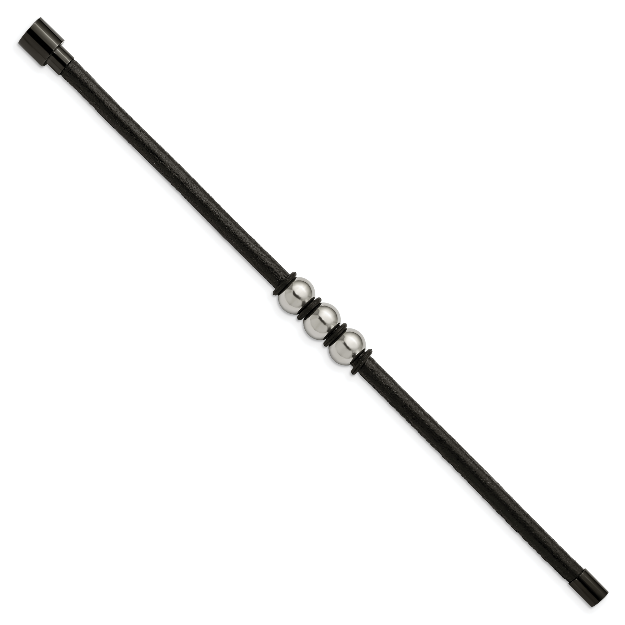 Stainless Steel Polished Black IP with Rubber Black Leather Bracelet