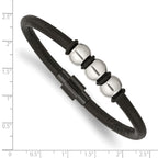 Stainless Steel Polished Black IP with Rubber Black Leather Bracelet