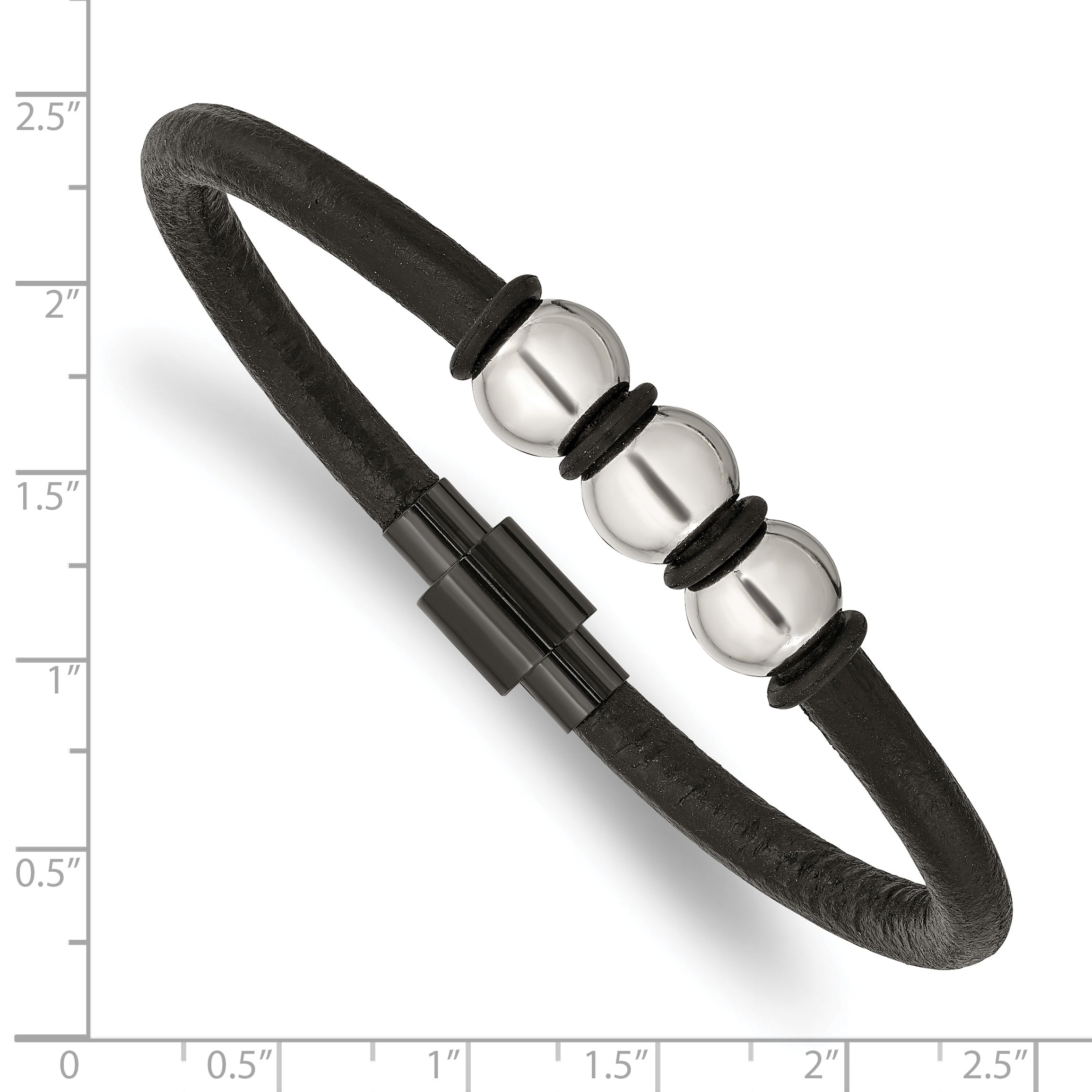 Stainless Steel Polished Black IP with Rubber Black Leather Bracelet