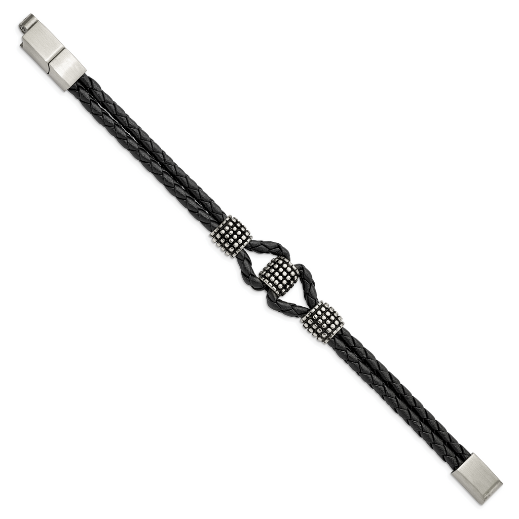 Stainless Steel Antiqued & Polished Black Leather with . ext Bracelet