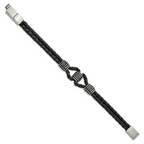 Stainless Steel Antiqued & Polished Black Leather with . ext Bracelet
