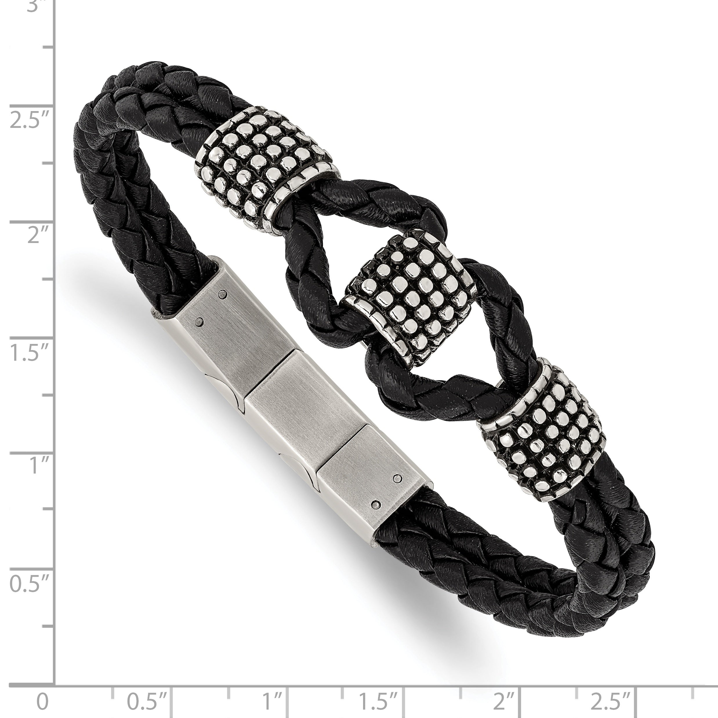 Stainless Steel Antiqued & Polished Black Leather with . ext Bracelet
