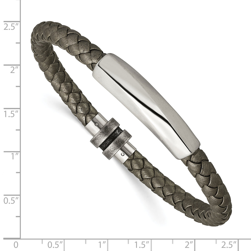 Stainless Steel Antiqued and Brushed Grey Leather Bracelet