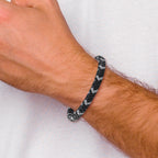 Stainless Steel Polished Black and Grey Braided Leather Bracelet