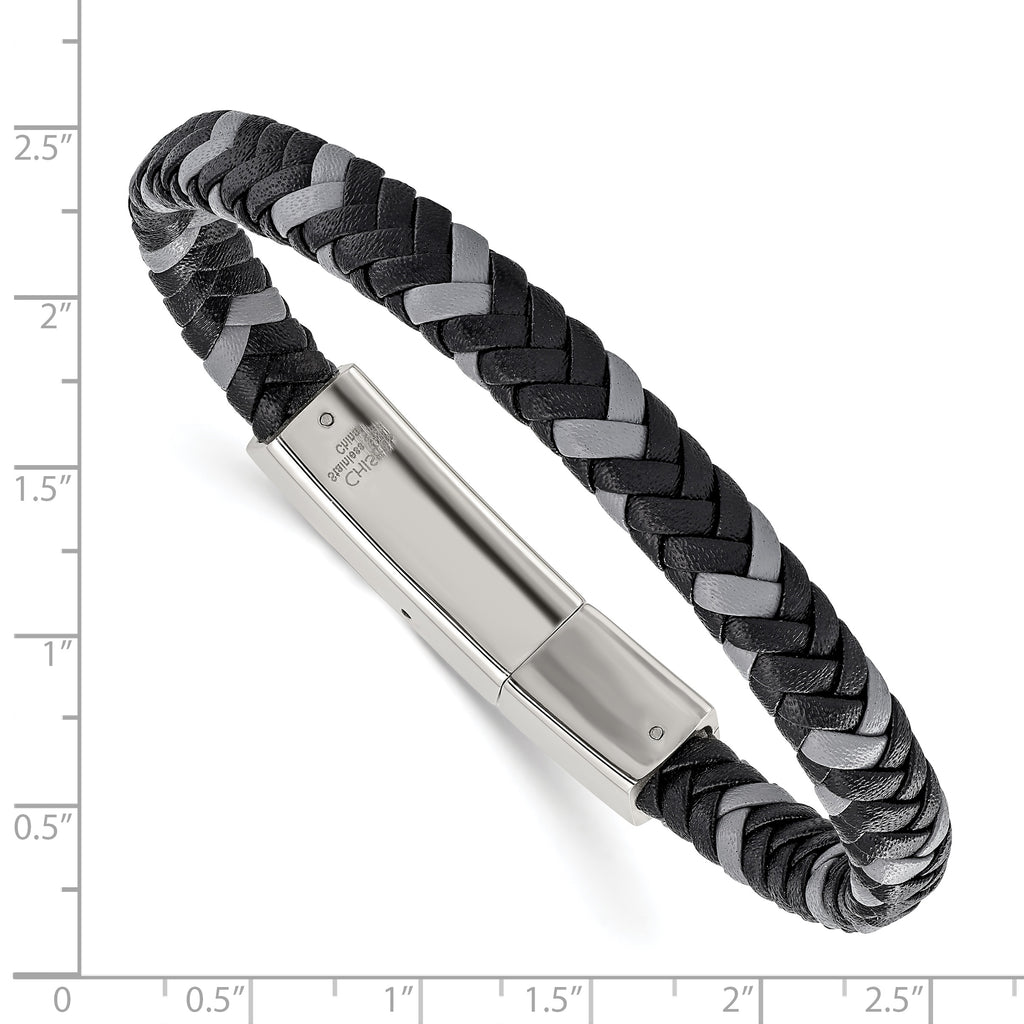Stainless Steel Polished Black and Grey Braided Leather Bracelet