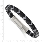 Stainless Steel Polished Black and Grey Braided Leather Bracelet
